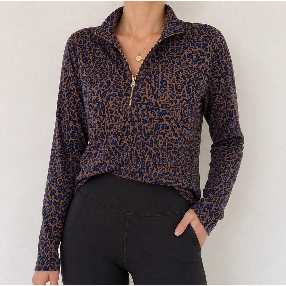 Tehama Leopard Print Quarter Zip Pullover XL Blue Brown Stretch Active Golf Top